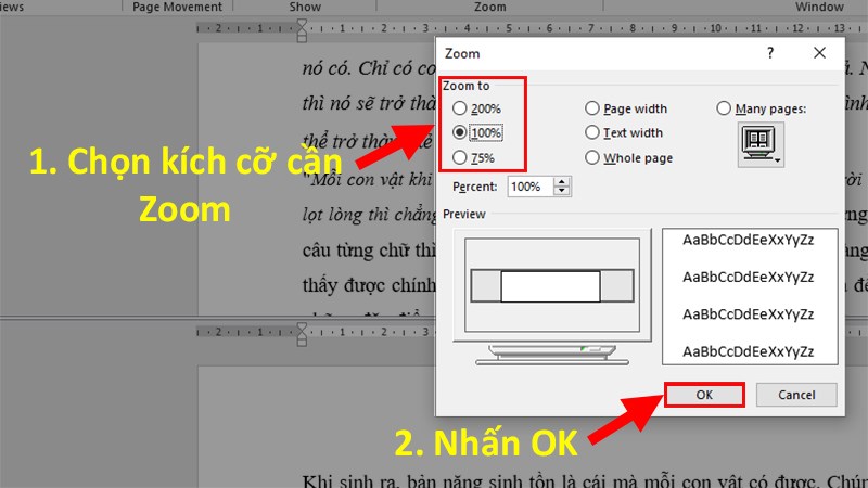 1 hộp thoại hiện lên > Ở đây chọn kích thước muốn phóng to > Nhấn OK để chỉnh kích thước.