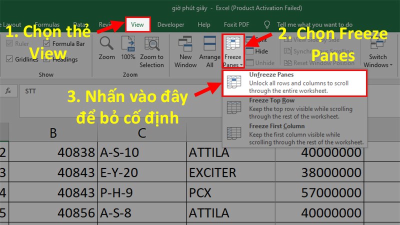 Vào View > Nhấn vào Freeze Panes > Chọn Unfreeze Panes để xóa cố định lỗi đi