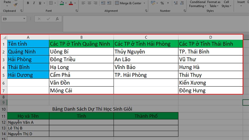 Thực hiện nhập liệu các tỉnh và các thành phố trong các tỉnh