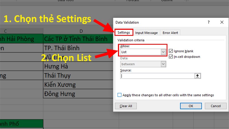 Ở hộp thoại hiện lên > Chọn tab Setting > Đi đến mục Allow > Chọn List