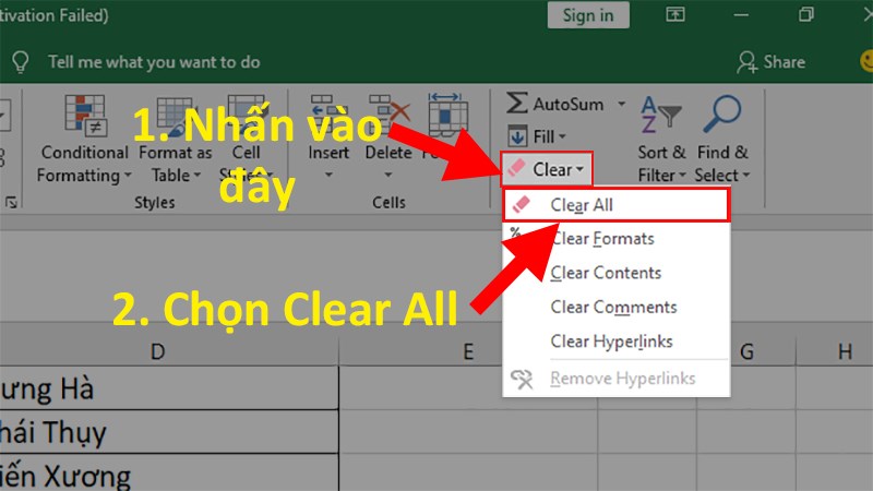 Đi đến phần Editing > Nhấn vào Clear > Chọn Clear All để bỏ Drop List trong Excel