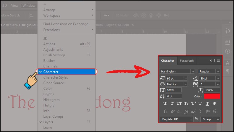 Chọn Character để mở bộ định dạng trên Photoshop