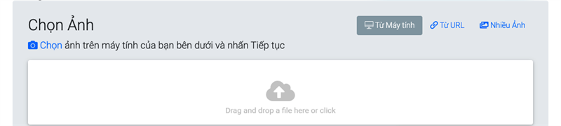 Truy cập vào https://picresize.com/vi > Nhấn Drag and drop a file here or click hoặc nhấn vào biểu tượng máy ảnh để chọn ảnh từ máy tính. Bạn cũng có thể dán URL của ảnh, chọn nhiều ảnh cùng lúc hoặc kéo ảnh từ thư mục vào trang web