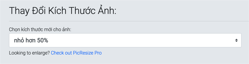 Tại mục Thay Đổi Kích Thước Ảnh, bạn có thể chọn kích thước mới cho ảnh nhỏ hơn 20%, 50% hoặc tùy chỉnh kích thước mà bạn muốn