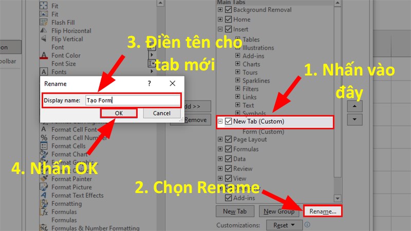 Nhấn vào New Tab (Custom) vừa tạo khi nãy&nbsp;> Nhấn vào Rename để đổi tên cho thẻ mới tạo