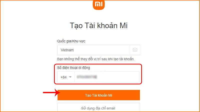 Nhập số điện thoại > Tạo Tài khoản Mi