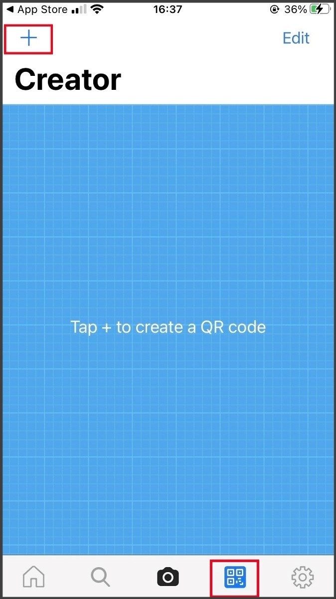 Chọn dấu cộng để bắt đầu tạo mã QR