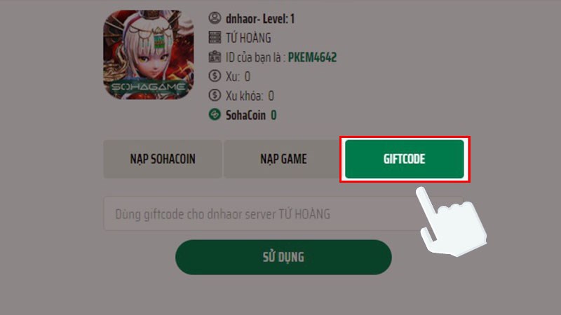 Chọn mục Giftcode