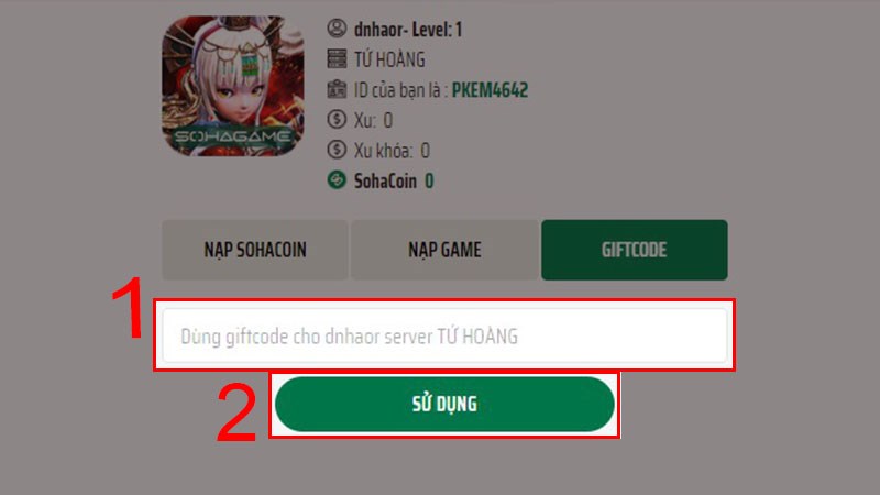 Nhập giftcdode v&agrave; nhấn v&agrave;o mục Sử dụng 