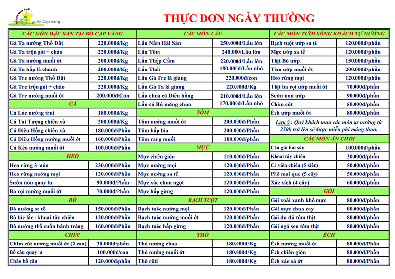 Thực đơn 2 - Ẩm thực Bò Cạp Vàng