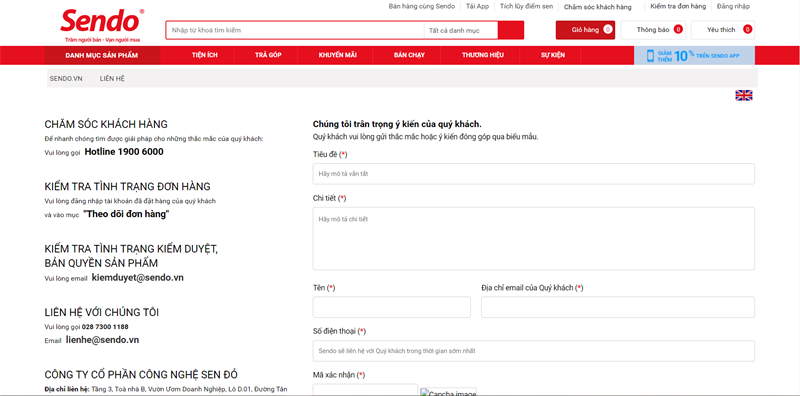 Trang web hỗ trợ liên hệ Sendo