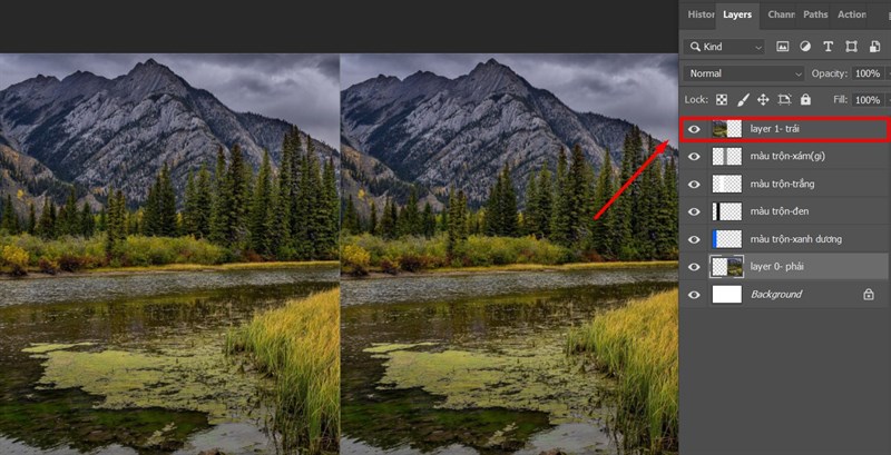 Đặt 4 dải m&agrave;u b&ecirc;n dưới layer h&ograve;a trộn