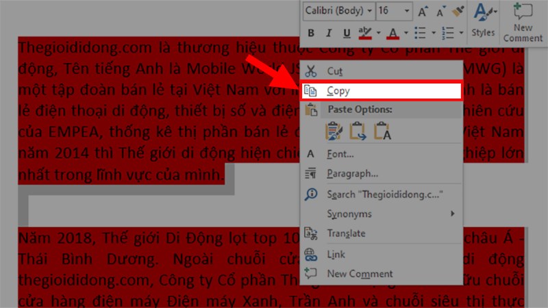 Tô chọn toàn bộ phần văn bản có màu nền > Nhấn chuột phải > Chọn Copy
