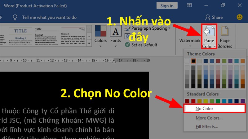 Nhấn chọn Page Color > Chọn No Color để xóa màu background trong Word