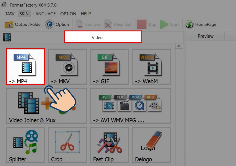 Tại giao diện chính của ứng dụng, ở mục Video bạn hãy chọn vào MP4.