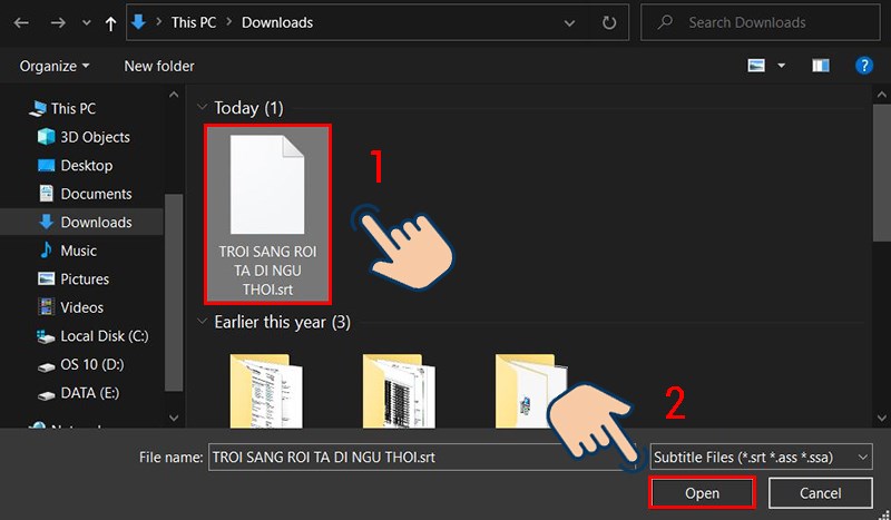 Chúng ta tìm đến thư mục chứa file phụ đề muốn chèn, rồi nhấn Open để mở file.