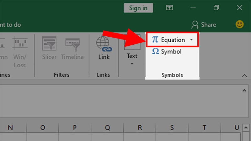 Đi đến&nbsp;phần Symbols&nbsp;> Nhấn chọn&nbsp;Equation