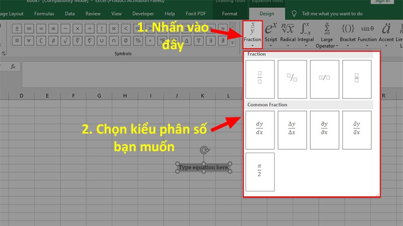 Nhấn vào&nbsp;Fraction&nbsp;> Chọn công thức phân số&nbsp;mà bạn muốn