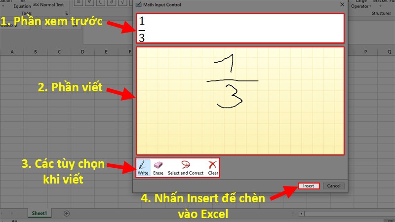 Thực hiện viết phân số vào vùng màu cam > Nhấn&nbsp;Insert&nbsp;để&nbsp;viết phân số trong Excel