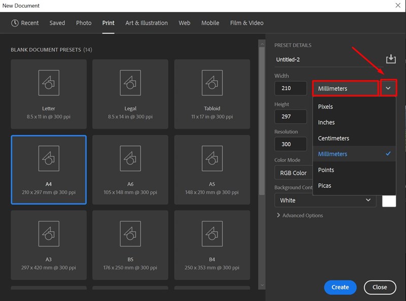 Đổi đơn vị trang giấy