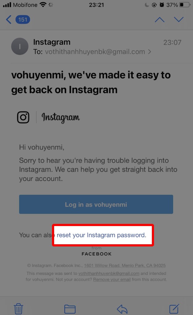 Nhấp vào Reset your Instagram Password trong email