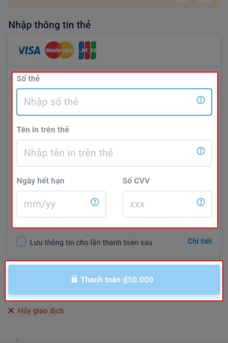 Điền thông tin thẻ và chọn Thanh toán