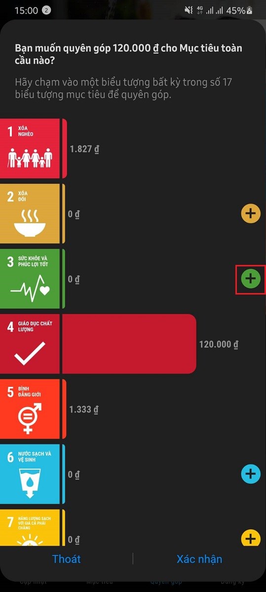 Chọn mục tương ứng bạn muốn quyên góp