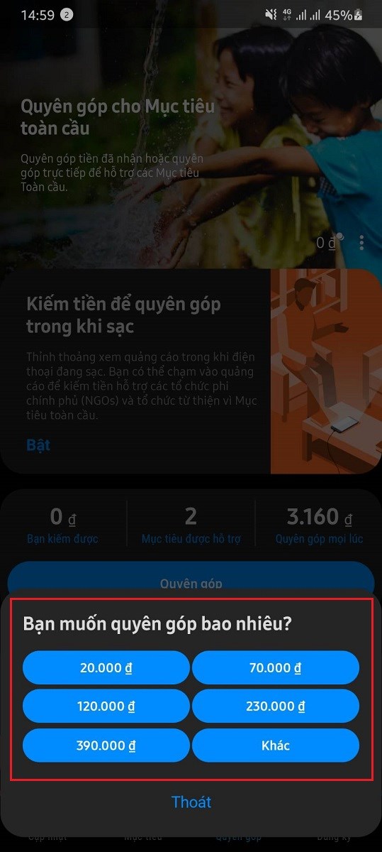 Chọn số tiền bạn mong muốn quyên góp