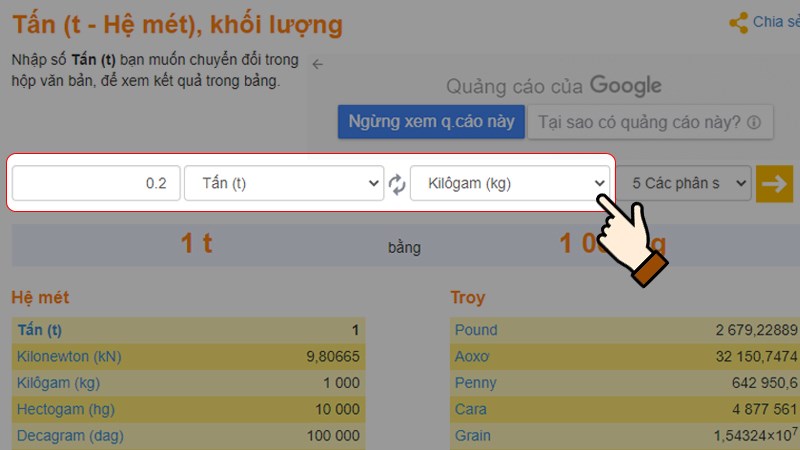 Nhập số lượng > Chọn đơn vị là tấn (t) > Chọn đơn vị muốn chuyển đổi