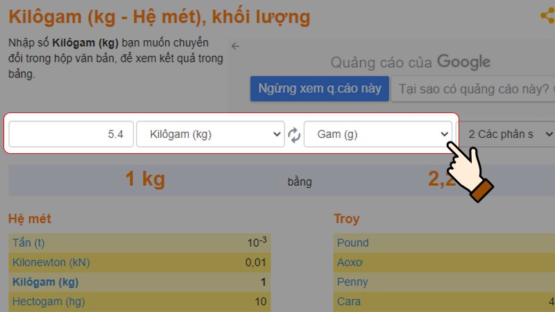 Nhập số lượng > Chọn đơn vị là Kilôgam (kg) > Chọn đơn vị muốn chuyển đổi