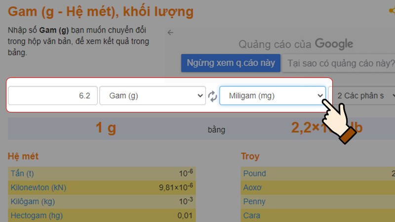 Nhập số lượng > Chọn đơn vị là Gam (g) > Chọn đơn vị muốn chuyển đổi