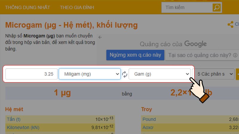 Nhập số lượng > Chọn đơn vị là Miligam (mg) > Chọn đơn vị muốn chuyển đổi