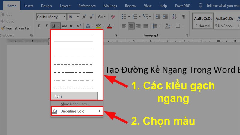 Chọn kiểu gạch ngang mà bạn muốn > Chọn màu sắc cho đường gạch ngang ở Underline Color