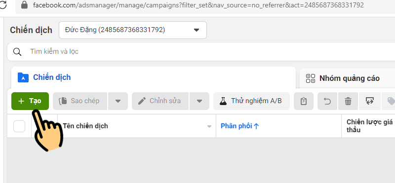 Click Tạo(Create) để thêm chiến dịch quảng cáo mới