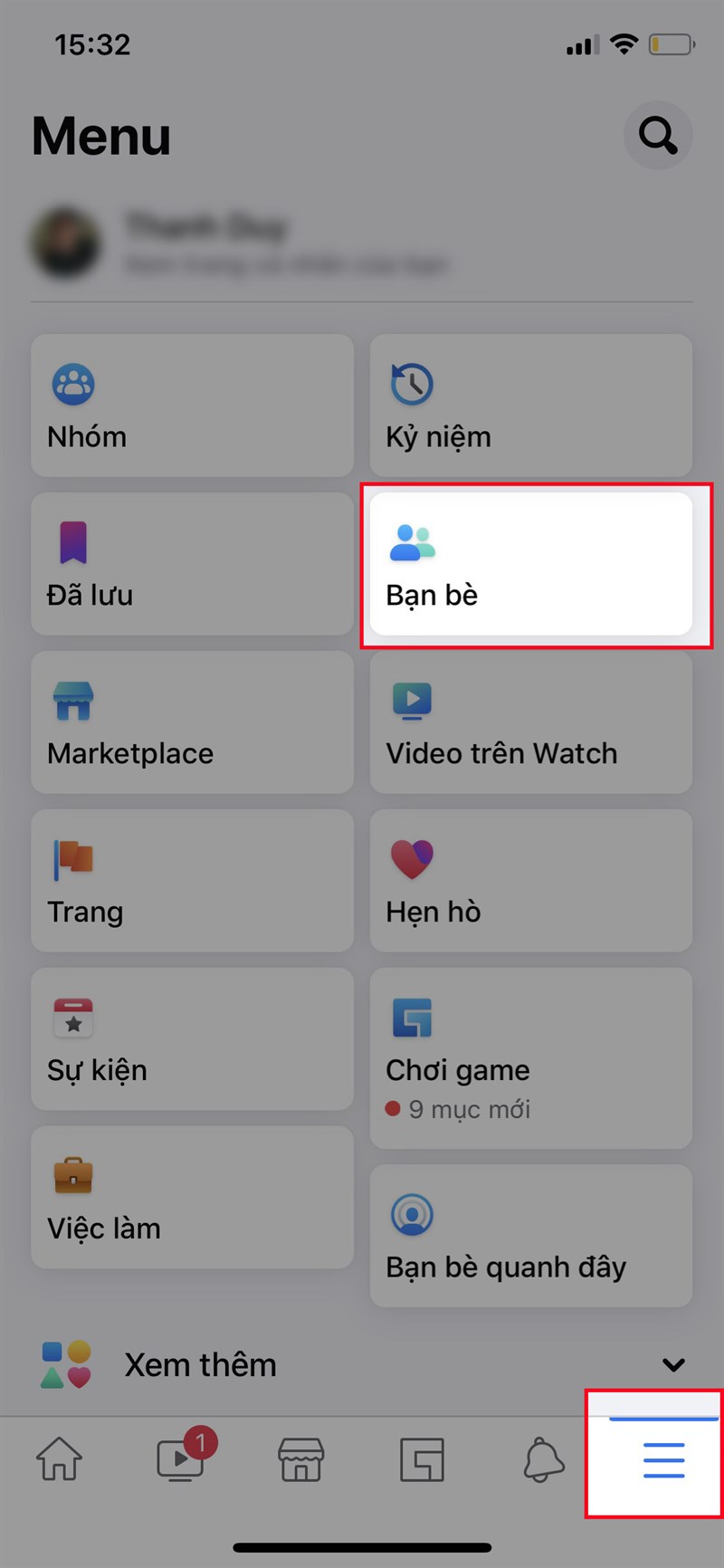 Mở ứng dụng Facebook > Nhấn v&agrave;o biểu tượng 3 dấu gạch ở g&oacute;c dưới b&ecirc;n phải (Đối với iOS) > Chọn Bạn b&egrave;