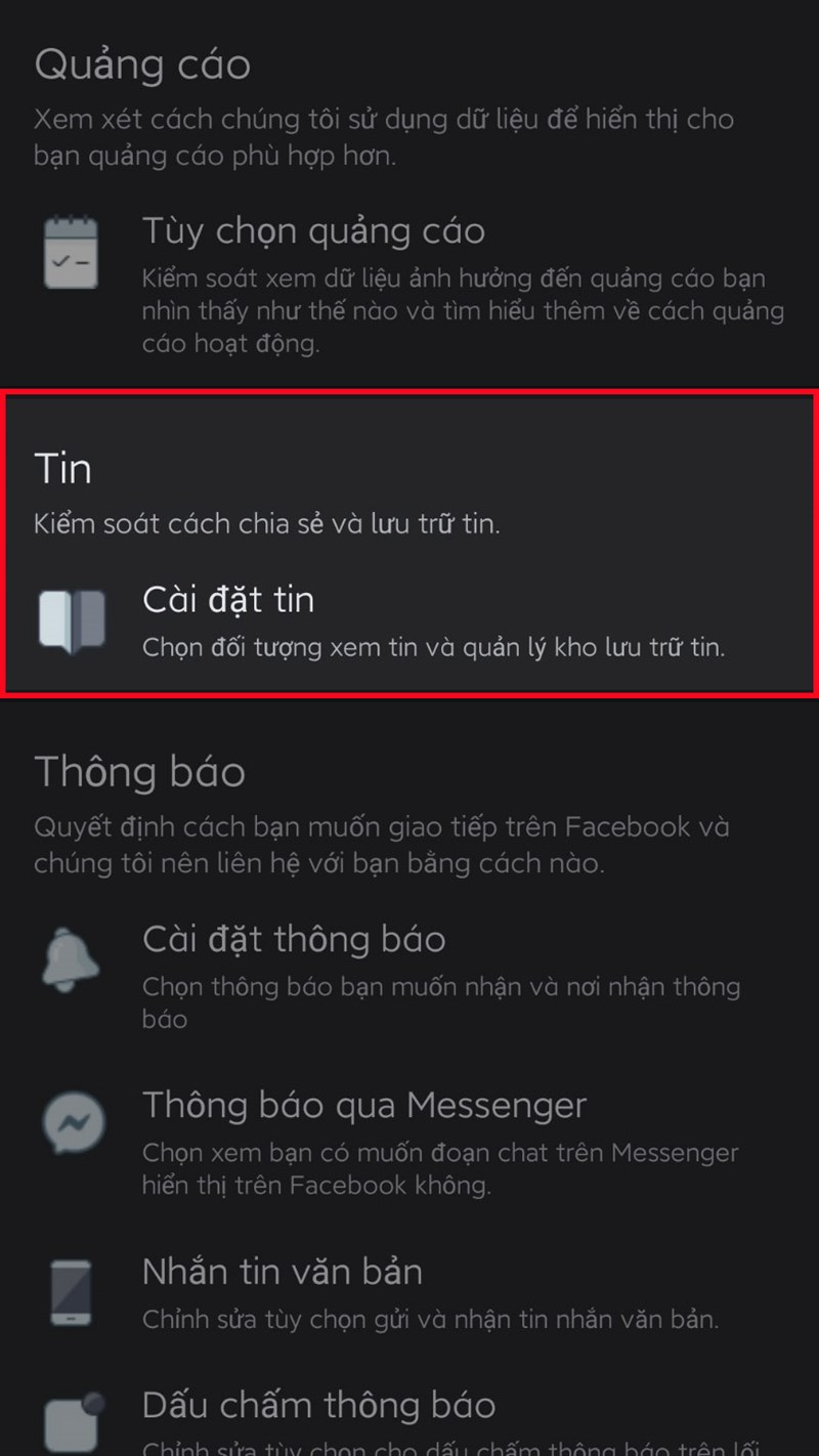 Tại mục Tin, chọn Cài đặt tin