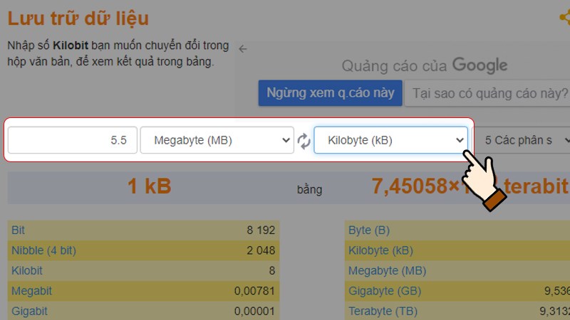 Nhập số lượng > Chọn đơn vị là Megabyte (MB) > Chọn đơn vị muốn chuyển đổi