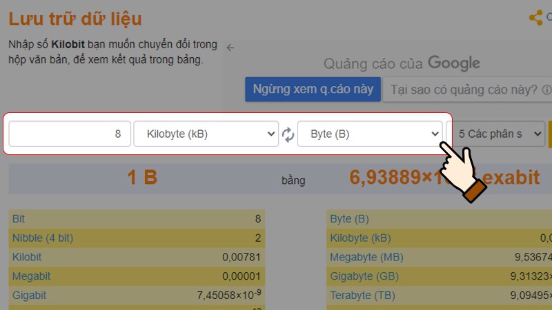 Nhập số lượng > Chọn đơn vị là Kilobyte (kB) > Chọn đơn vị muốn chuyển đổi