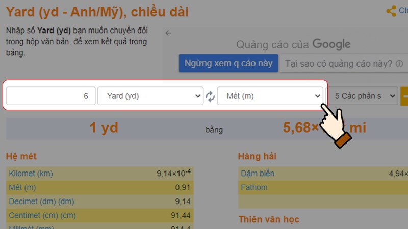 Nhập số lượng > Chọn đơn vị là Yard (yd) > Chọn đơn vị muốn chuyển đổi
