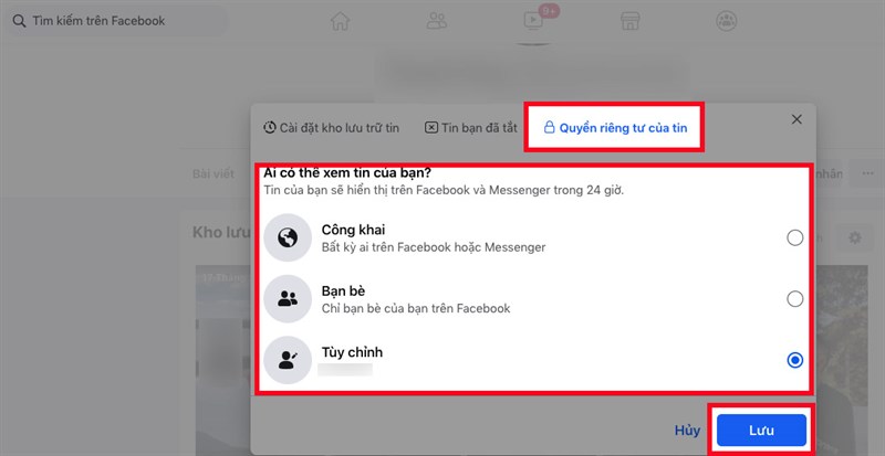 Tại mục Quyền ri&ecirc;ng tư của tin, bạn c&oacute; thể giới hạn người xem tin của bạn ở chế độ c&ocirc;ng khai, chỉ bạn b&egrave; của bạn tr&ecirc;n Facebook hay t&ugrave;y chỉnh số người xem m&agrave; bạn muốn > Nhấn Lưu