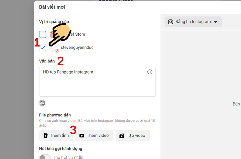 Chọn vị tr&iacute; quảng c&aacute;o l&agrave; Instagram