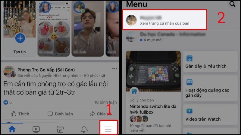 Nhấn vào biểu tượng 3 dấu gạch ngang và Xem trang cá nhân của bạn