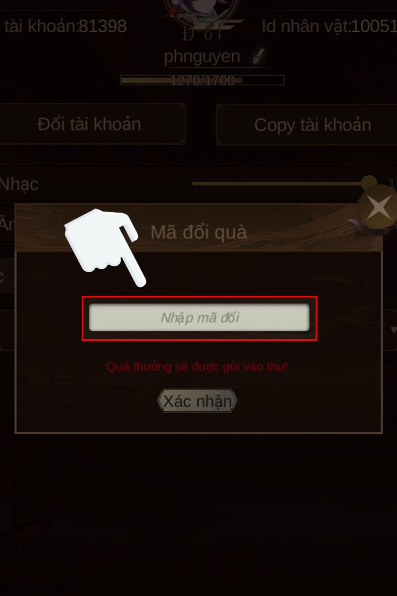 Nhập code vào ô