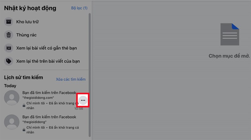 Hoặc để x&oacute;a từng lịch sử t&igrave;m kiếm, nhấn v&agrave;o biểu tượng 3 dấu chấm ở b&ecirc;n phải lịch sử t&igrave;m kiếm