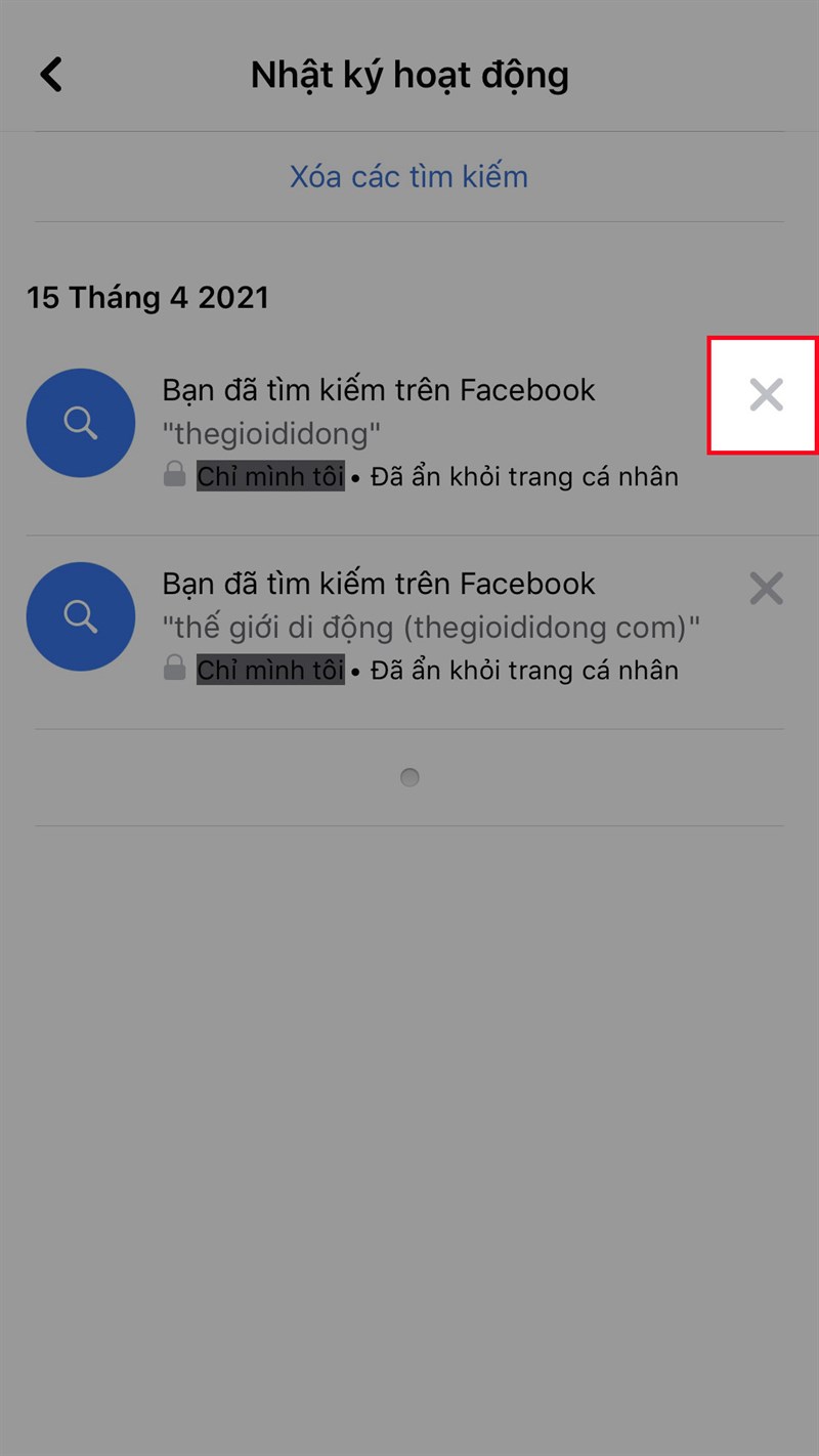 Hoặc để xóa từng lịch sử tìm kiếm, nhấn vào biểu tượng dấu X ở bên phải lịch sử tìm kiếm (Đối với iOS).Đối với Android, nhấn vào biểu tượng 3 dấu chấm bên phải lịch sử tìm kiếm > Chọn Xóa