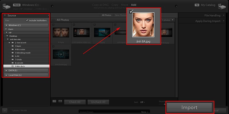 Chọn ảnh cần import trong Lightroom