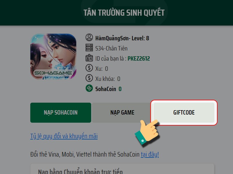Nhấn v&agrave;o Giftcode