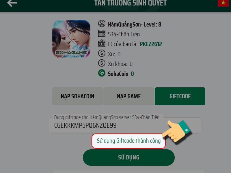 Th&ocirc;ng b&aacute;o nhập code th&agrave;nh c&ocirc;ng