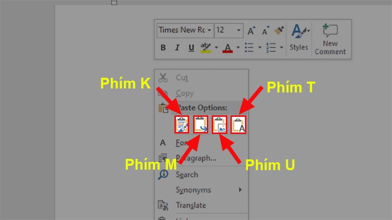 Đi đến vị trí muốn chèn dữ liệu > Nhấn chuột phải > Chọn 1 trong các lựa chọn theo phím tắt