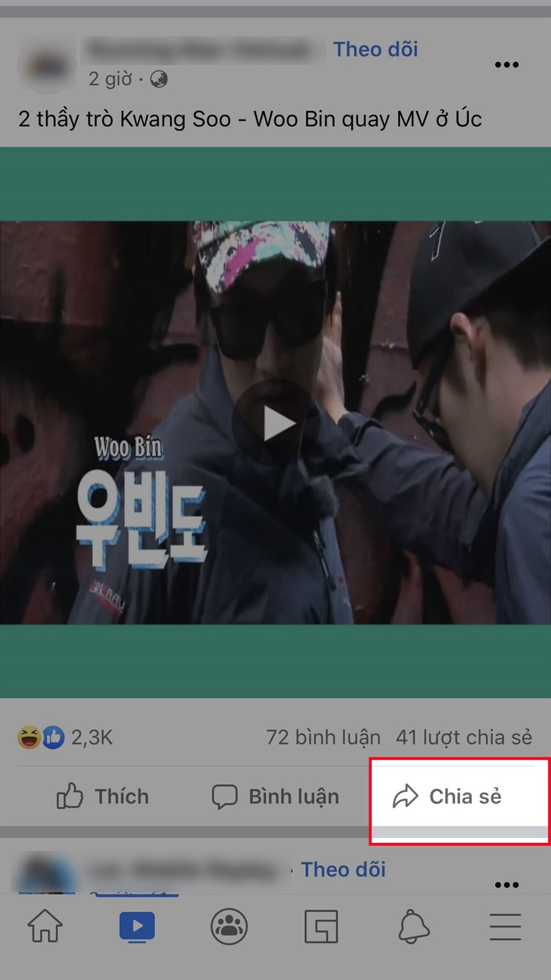 Mở ứng dụng Facebook, chọn video mà bạn muốn chia sẻ > Nhấn Chia sẻ ở góc dưới bên phải Mở ứng dụng Facebook, chọn video mà bạn muốn chia sẻ > Nhấn Chia sẻ ở góc dưới bên phải